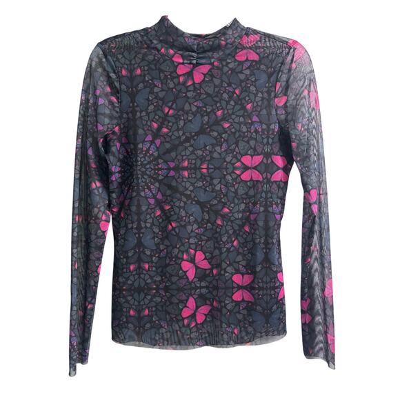 Ted Baker Kamill Butterfly Printed Mesh Mock Neck Long Sleeve Top Size 2 - Picture 1 of 6